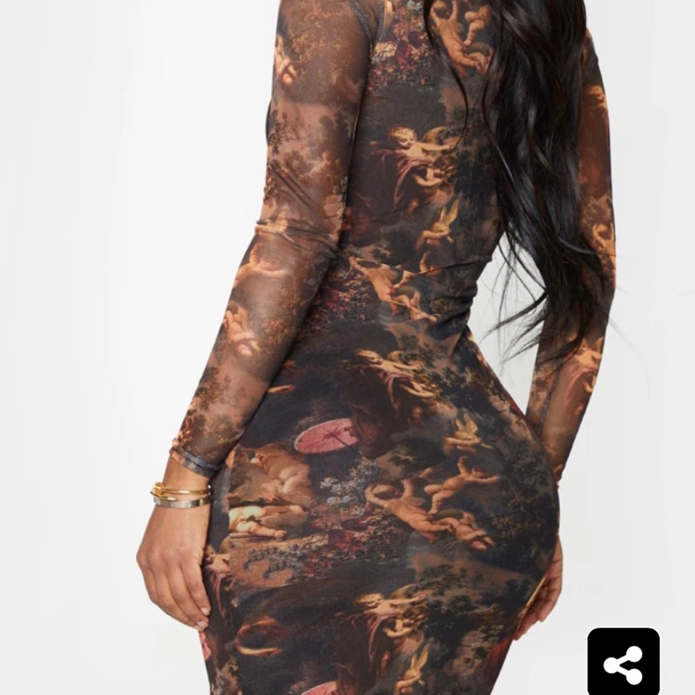 Shape Renaissance Print High Neck Mesh Bodycon - Picture 3 of 5